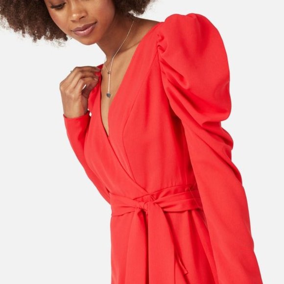 JustFab Red Puff Sleeve Surplice Dress - Picture 3 of 3